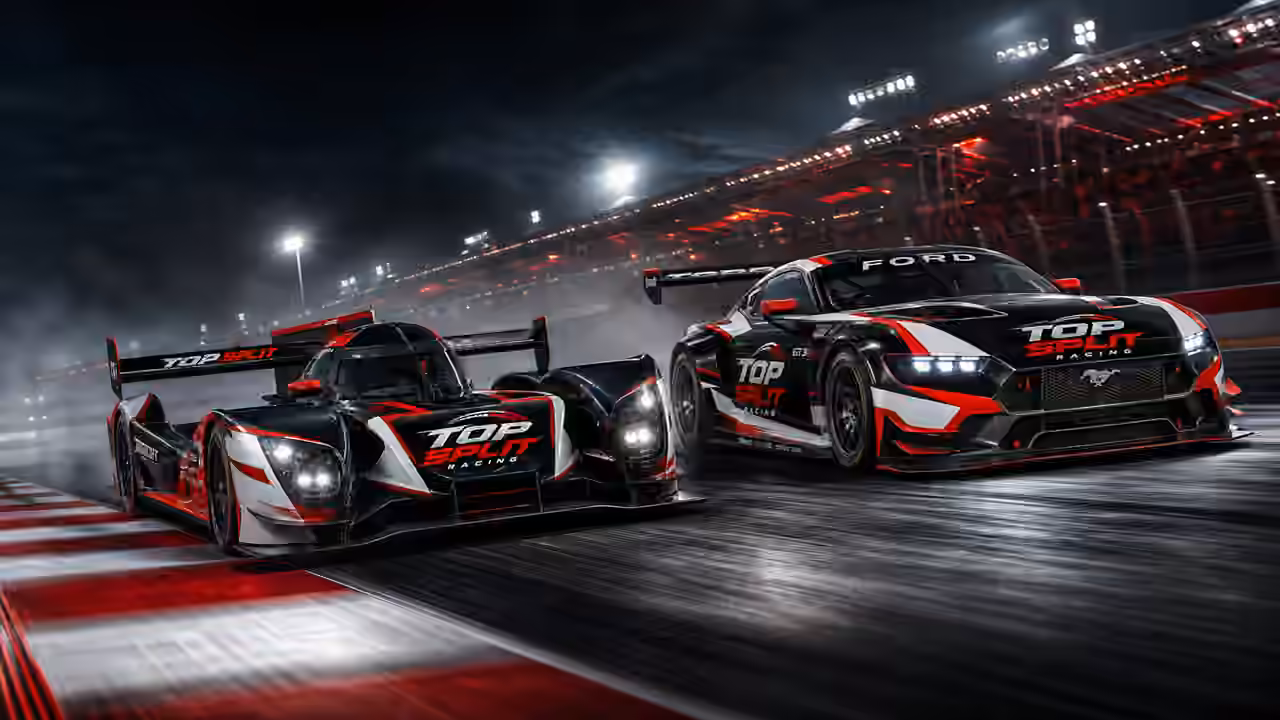 Ford Mustang GT3 and LMP cars in Top Split Racing livery